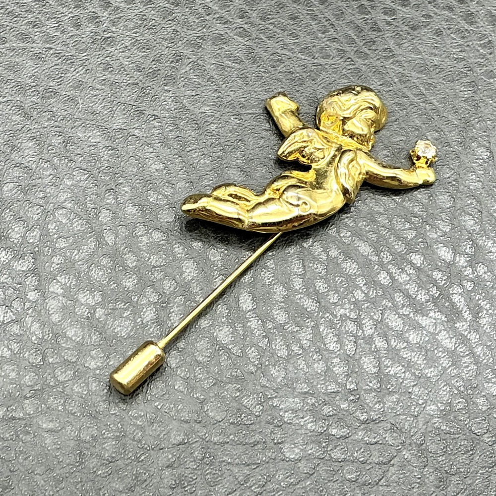Vintage Stick Pin Cherub Angel Gold Tone Rhinestone Accent Lapel Hat Brooch 2.5"